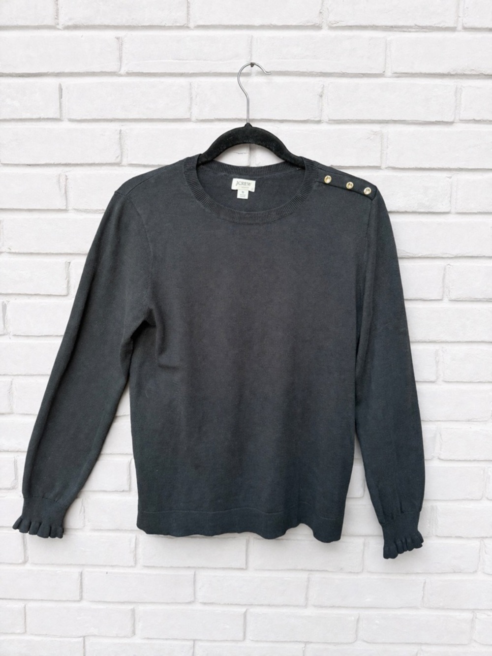 J Crew Ruffle Crewneck  rhinestone sweater crewneck black cotton preppy